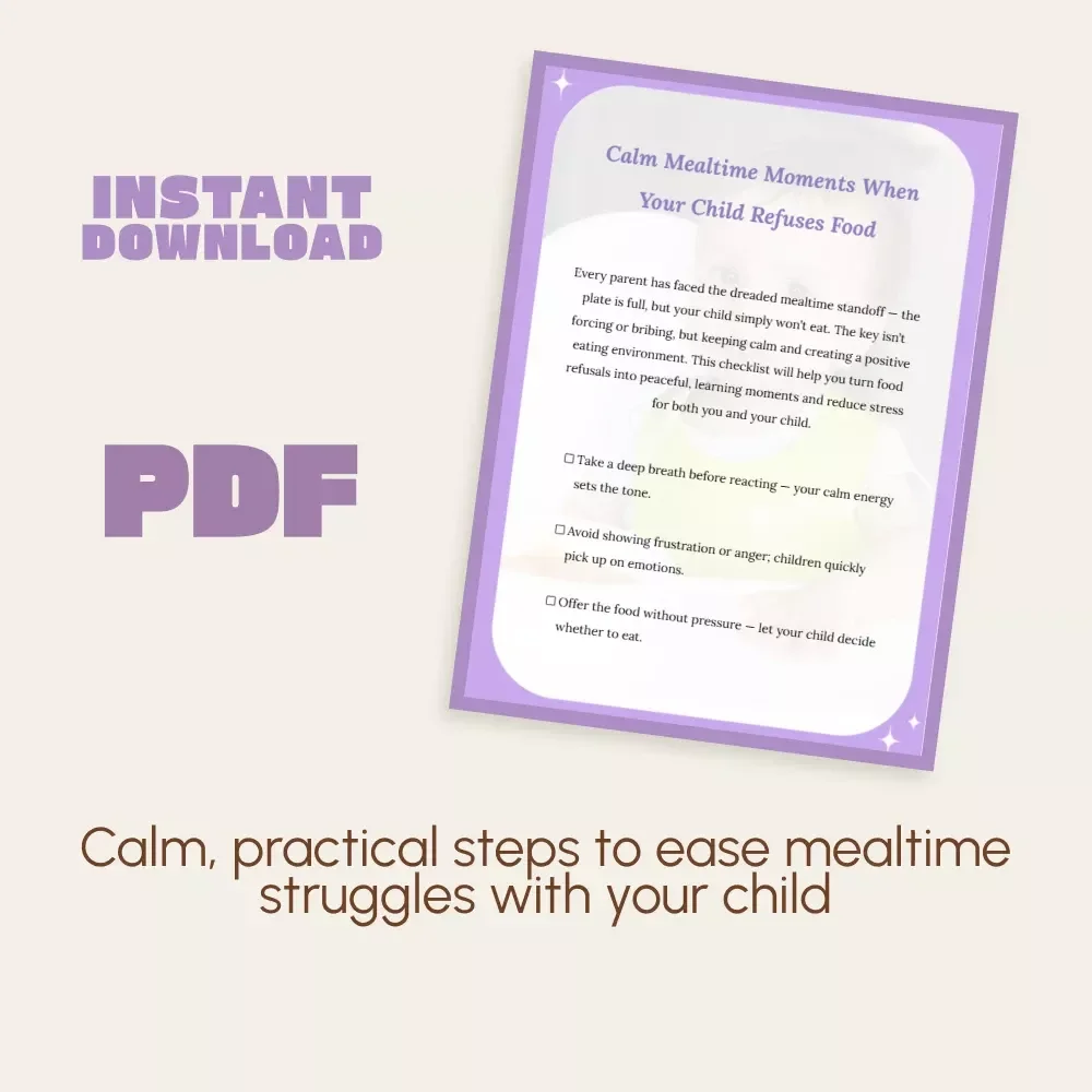 Calm Mealtime Moments When Your Child Refuses Food | Printable Parenting Checklist for Picky Eaters | Gentle Guide on How to Calm Child When They Refuse Food