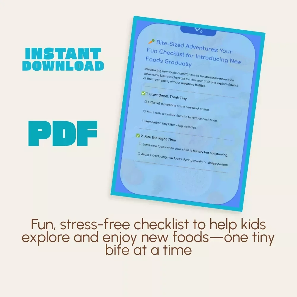 Bite-Sized Adventures: Your Fun Checklist for Introducing New Foods Gradually | Printable Kids Mealtime Guide | Toddler Picky Eater Digital Download | Gentle Food Exposure eBook for Parents