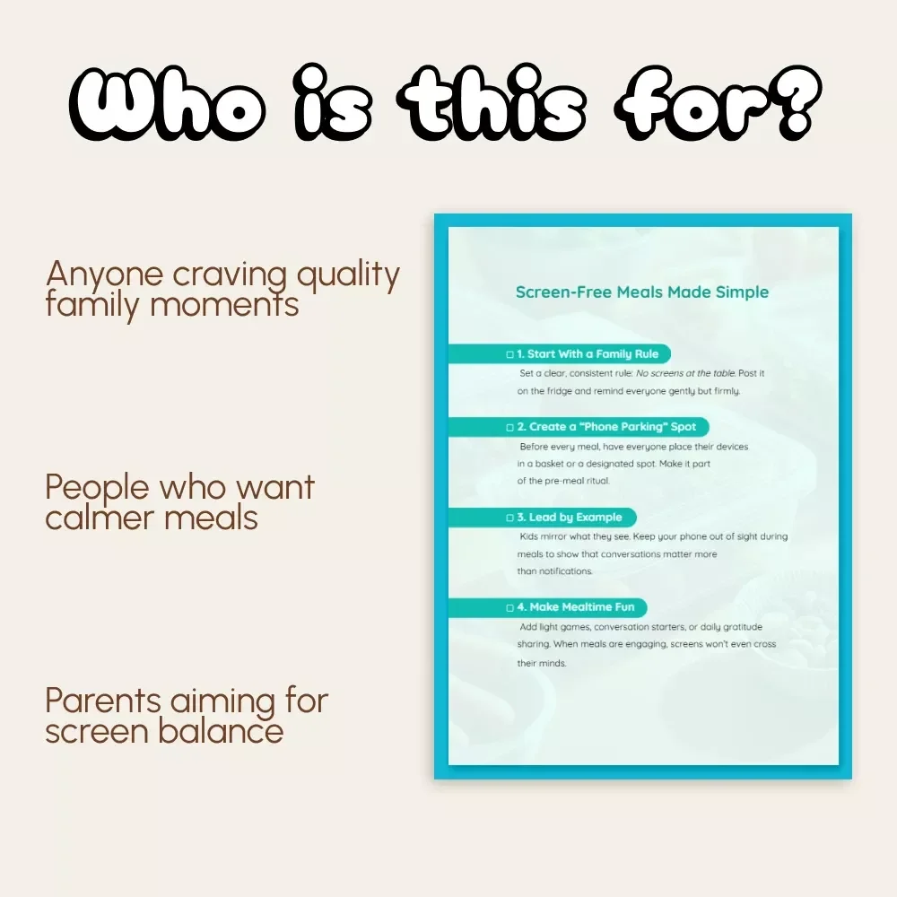 Screen-Free Meals Made Simple | Printable Checklist for Families | Digital Download | Family Mealtime Guide on How to Limit Screens During Meals