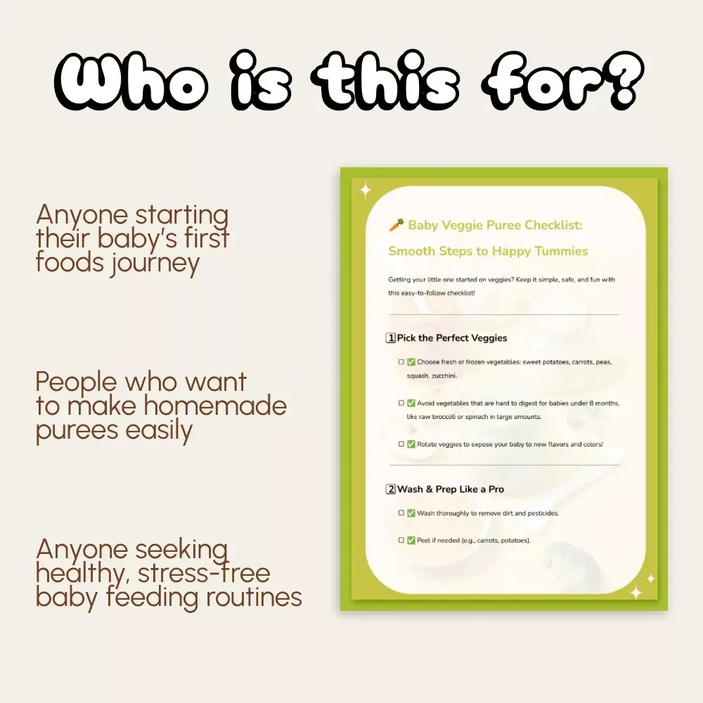 Baby Veggie Puree Checklist: Smooth Steps to Happy Tummies | Digital Download | How to Puree Vegetables for Baby | Baby Food Guide | Printable Checklist for New Parents