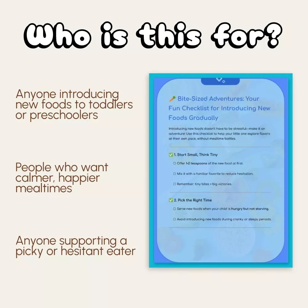 Bite-Sized Adventures: Your Fun Checklist for Introducing New Foods Gradually | Printable Kids Mealtime Guide | Toddler Picky Eater Digital Download | Gentle Food Exposure eBook for Parents