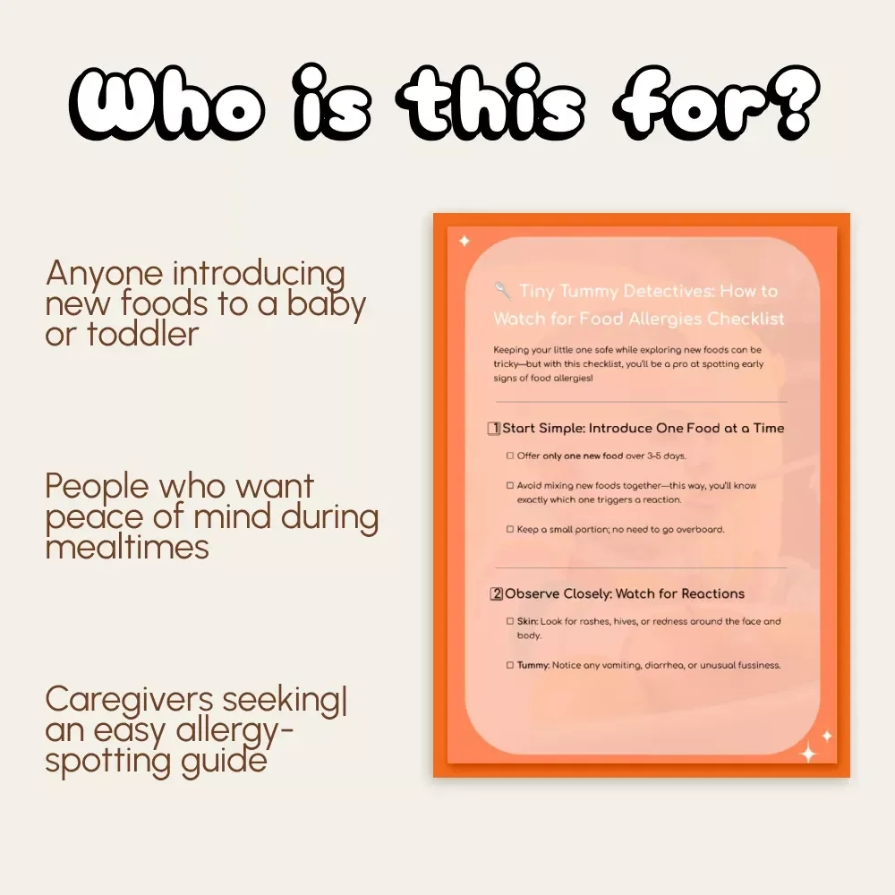 Tiny Tummy Detectives: How to Watch for Food Allergies Checklist | Baby Food Allergy Guide | Printable Pediatric Allergy Tracker for Parents