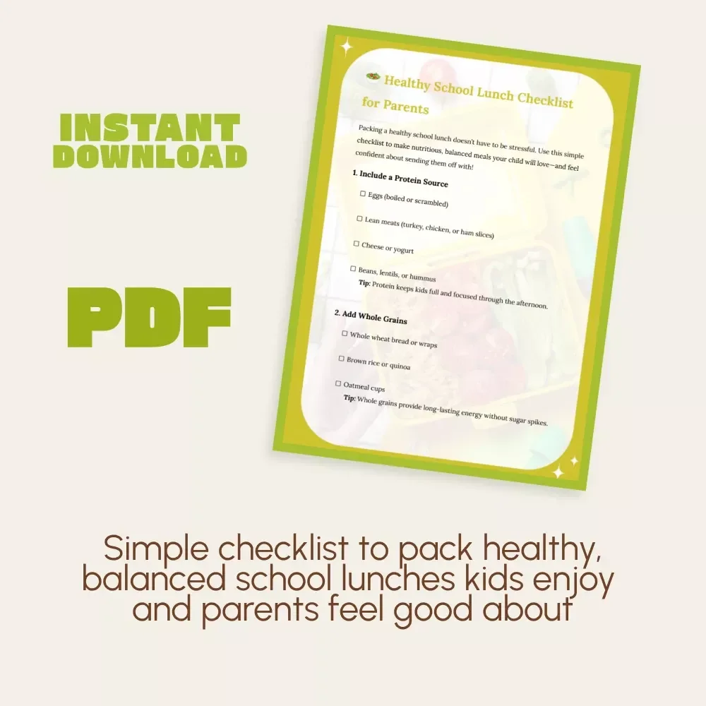 Healthy School Lunch Checklist for Parents | Printable Digital Download | How to Pack School Lunch Healthy | Easy Nutrition Guide for Kids