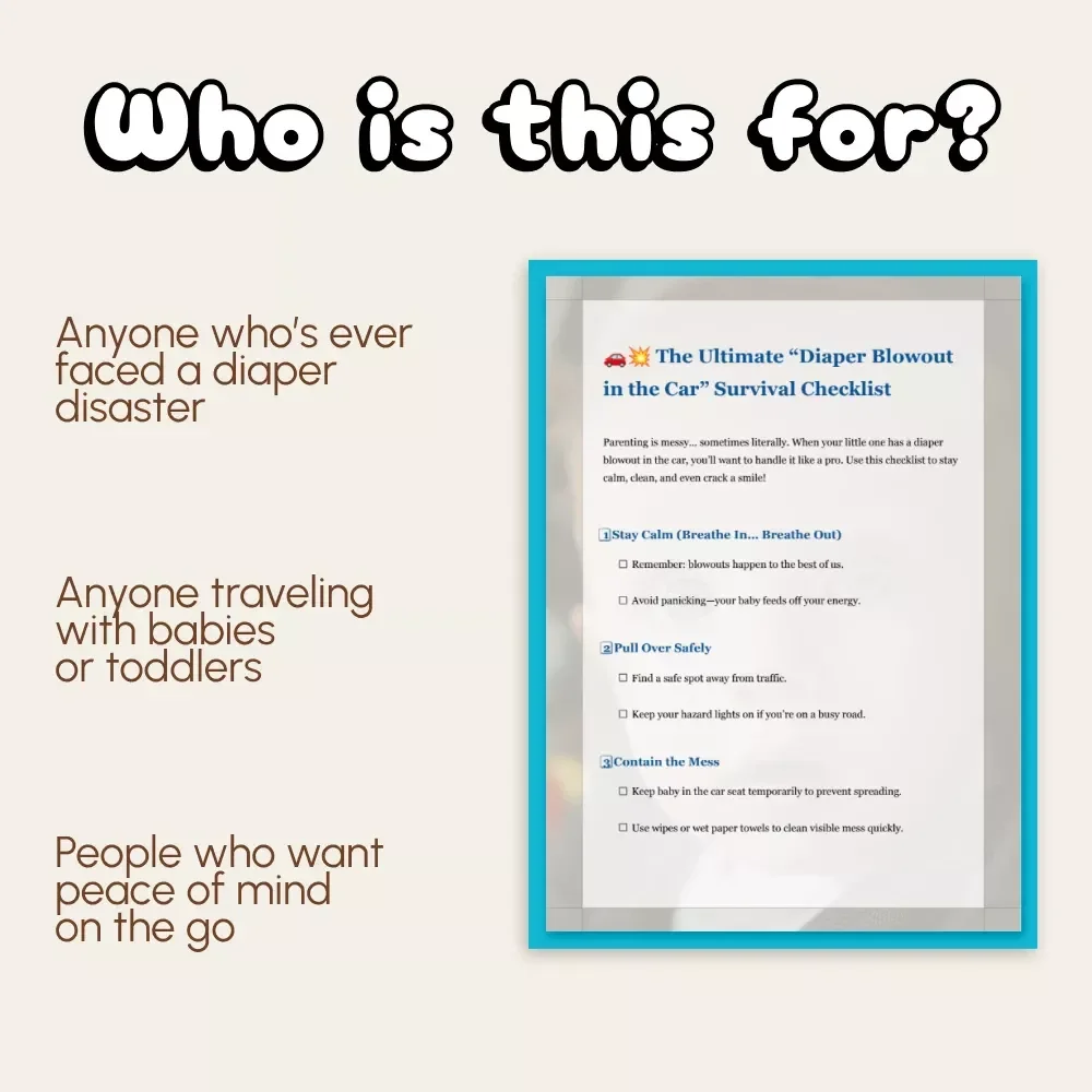 The Ultimate “Diaper Blowout in the Car” Survival Checklist | Digital Parenting Guide for New Moms & Dads | How to Handle Diaper Blowout in Car | Instant Download