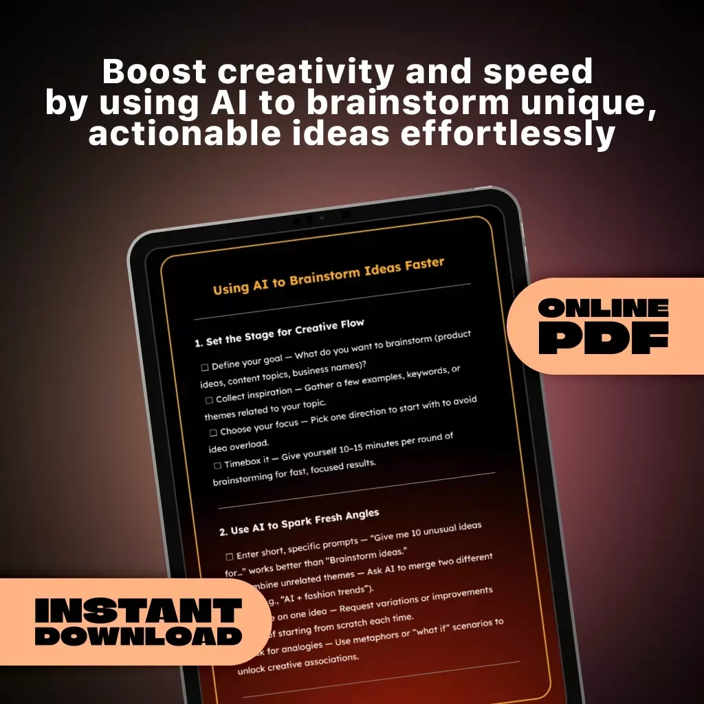 Using AI to Brainstorm Ideas Faster | Printable Productivity Checklist | Digital Download Guide for Creative Thinking & Idea Generation