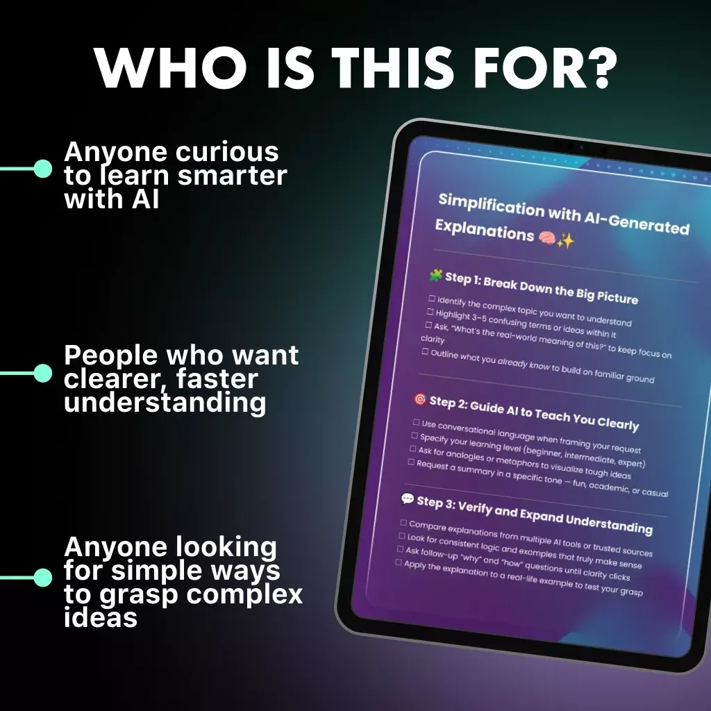 Simplification with AI-Generated Explanations | Printable Checklist for Learning Complex Topics | Digital Download Guide for Clear Thinking