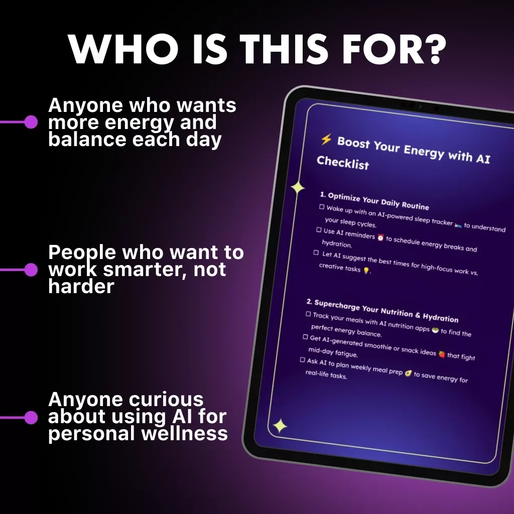 Boost Your Energy with AI Checklist | Digital Productivity Guide | AI Self-Care eBook for Focus, Energy & Motivation | Instant Download Wellness Planner