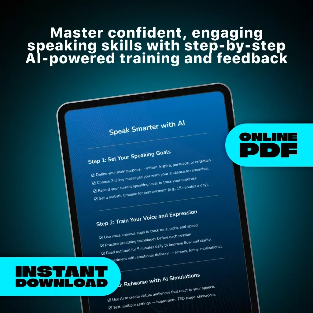 Speak Smarter with AI | Printable & Digital Checklist | How to Use AI to Practice Public Speaking | Improve Confidence, Voice & Presentation Skills
