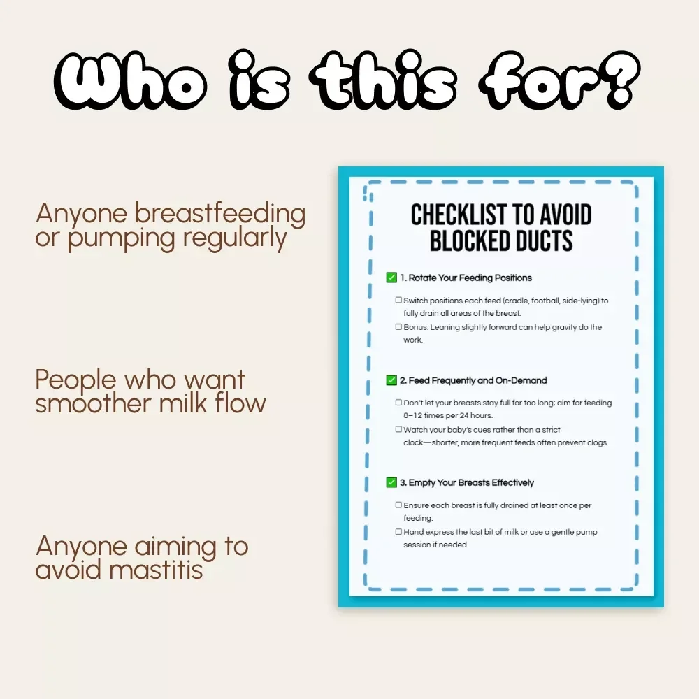 Checklist to Avoid Blocked Ducts | Printable Breastfeeding Care Guide for New Moms | Digital Download | How to Avoid Blocked Ducts Naturally