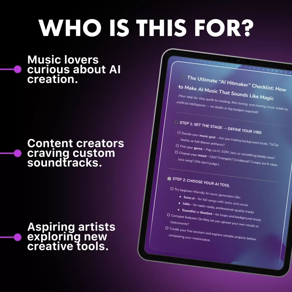 The Ultimate “AI Hitmaker” Checklist: How to Make AI Music That Sounds Like Magic | AI Music Creation Guide for Beginners, Musicians & Creators | Digital Download eBook & Step-by-Step Tutorial on How to Make AI Music