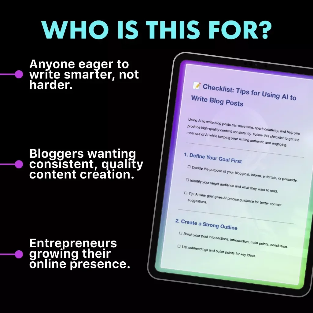 Checklist: Tips for Using AI to Write Blog Posts | Digital Download for Bloggers, Content Creators & Entrepreneurs | AI Writing Guide, Blogging Strategy & SEO Optimization Checklist