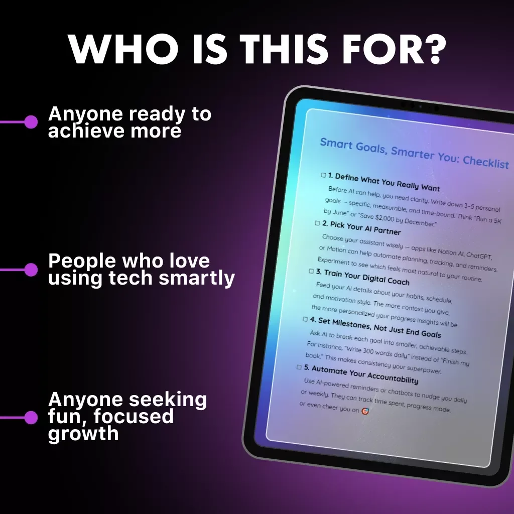 Smart Goals, Smarter You: Checklist | How to Use AI to Track Personal Goals | Digital Download for Goal-Setting and Productivity