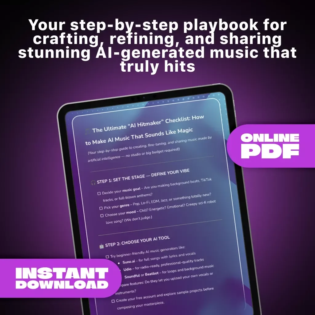 The Ultimate “AI Hitmaker” Checklist: How to Make AI Music That Sounds Like Magic | AI Music Creation Guide for Beginners, Musicians & Creators | Digital Download eBook & Step-by-Step Tutorial on How to Make AI Music