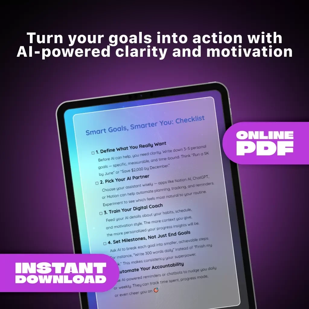 Smart Goals, Smarter You: Checklist | How to Use AI to Track Personal Goals | Digital Download for Goal-Setting and Productivity