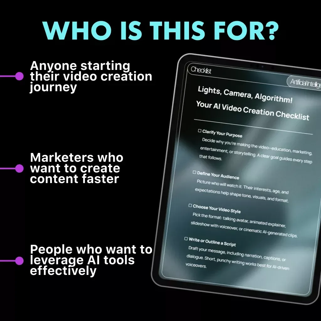 Lights, Camera, Algorithm! Your AI Video Creation Checklist | Digital Download | Learn How to Make AI Videos