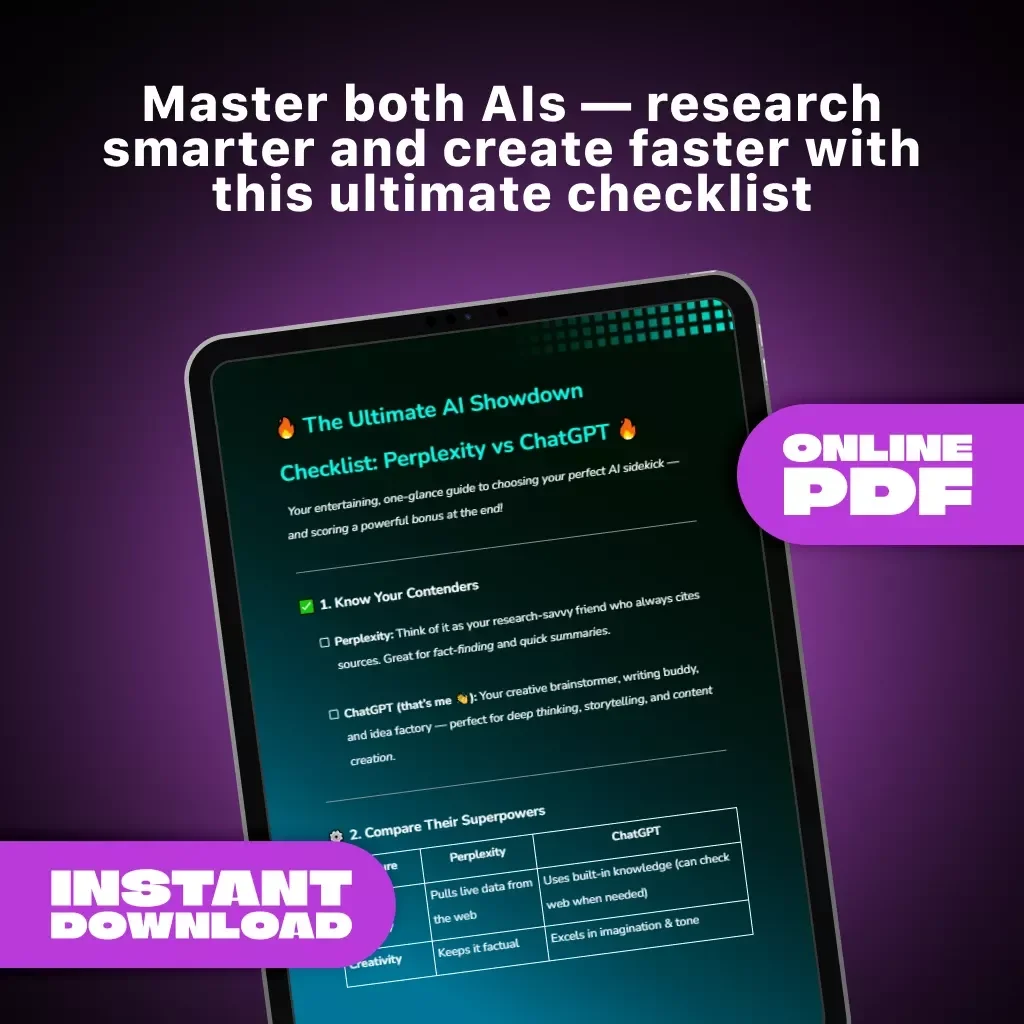 The Ultimate AI Showdown Checklist: Perplexity vs ChatGPT | Digital Download, AI Comparison Guide, Research & Creativity Mastery Tool