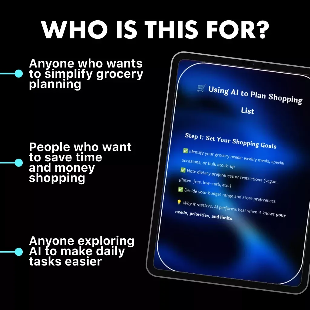 Using AI to Plan Shopping List | Digital Checklist | Smart Grocery Planning Guide for Busy Shoppers | Tips for Using AI to Plan Shopping Lists | Printable eBook Download