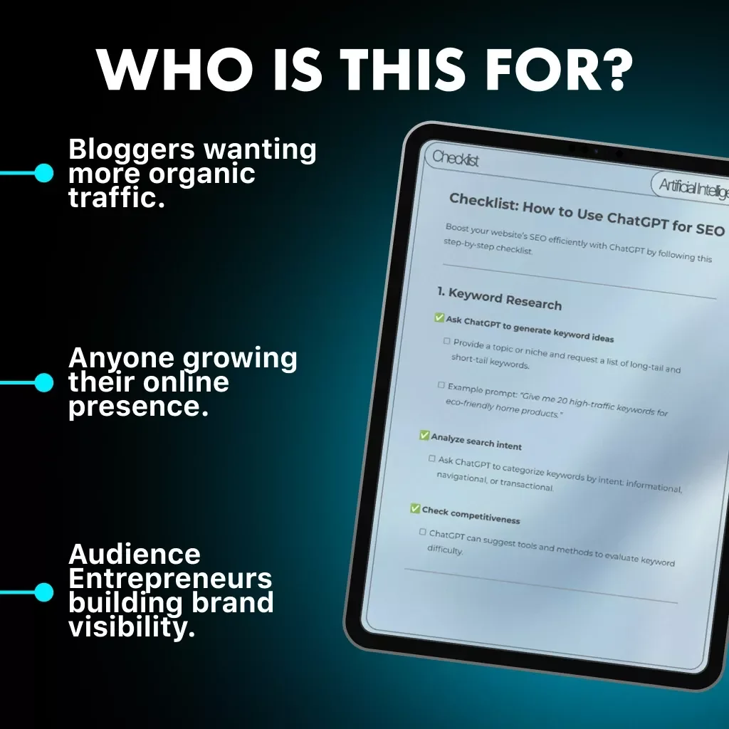 Checklist: How to Use ChatGPT for SEO | Digital Download | AI SEO Strategy Guide for Keyword Research, Content Planning & Optimization