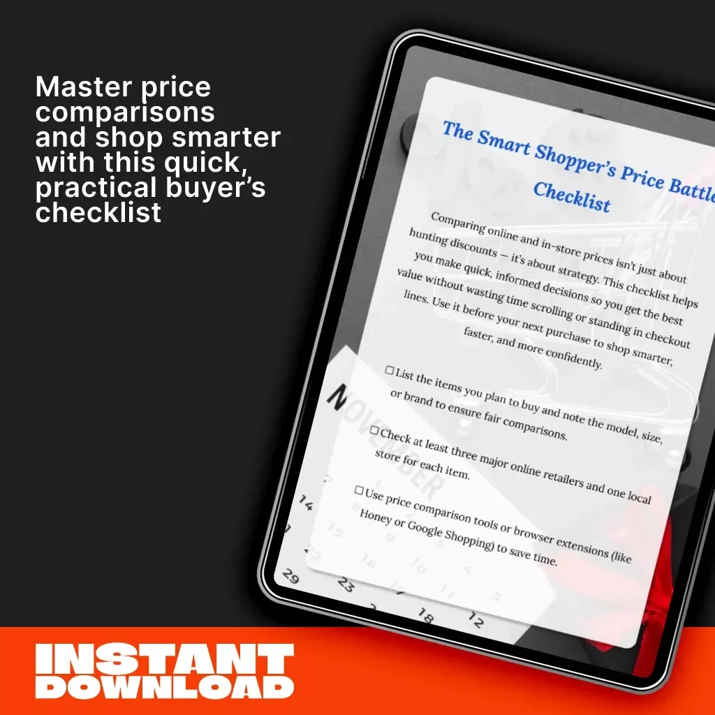 The Smart Shopper’s Price Battle Checklist | Digital Download for Comparing Online and In-Store Prices | Printable Shopping Guide for Smarter Buying Decisions | Best Way to Compare Online and In-Store Prices