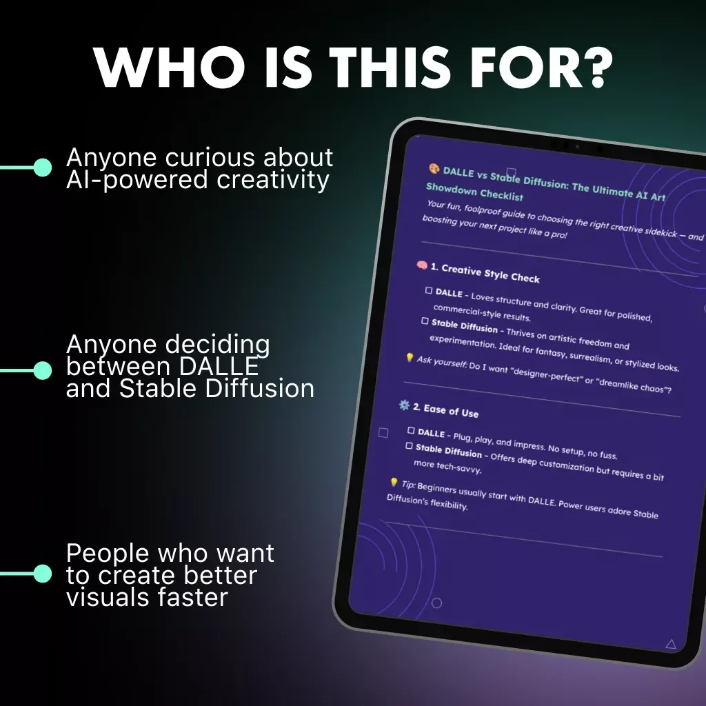 DALLE vs Stable Diffusion: The Ultimate AI Art Showdown Checklist | Printable Digital Download | AI Art Comparison Guide for Creators, Designers & Prompt Engineers | DALLE vs Stable Diffusion Explained Step-by-Step