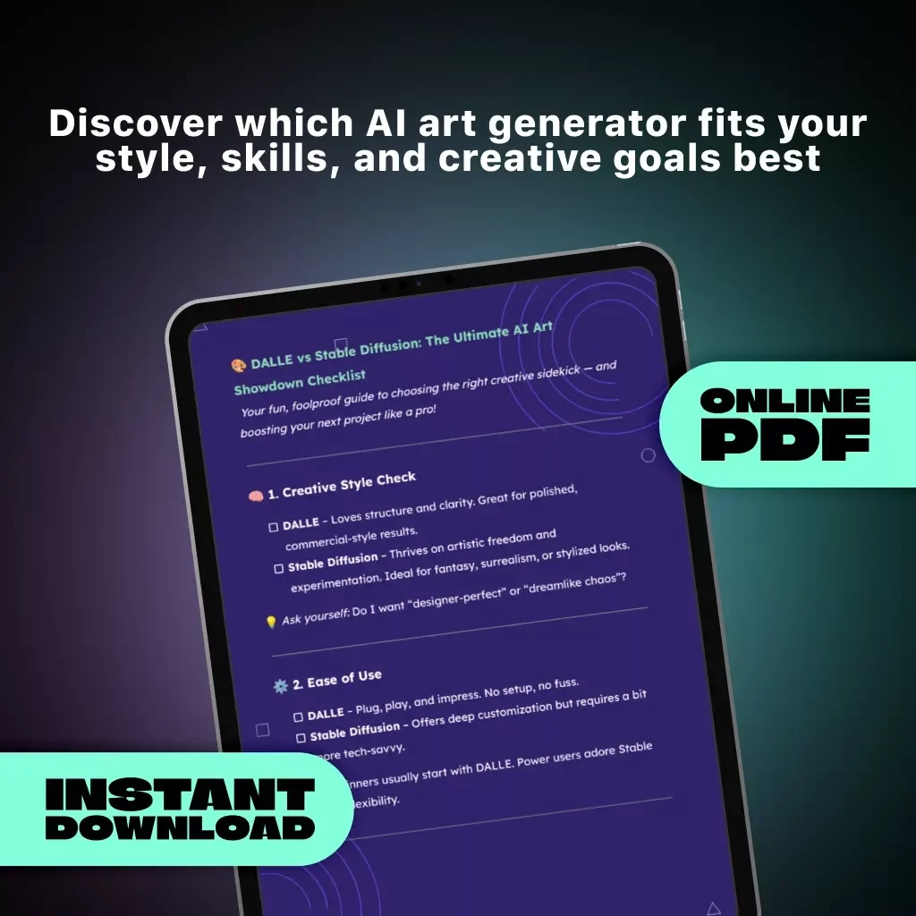 DALLE vs Stable Diffusion: The Ultimate AI Art Showdown Checklist | Printable Digital Download | AI Art Comparison Guide for Creators, Designers & Prompt Engineers | DALLE vs Stable Diffusion Explained Step-by-Step
