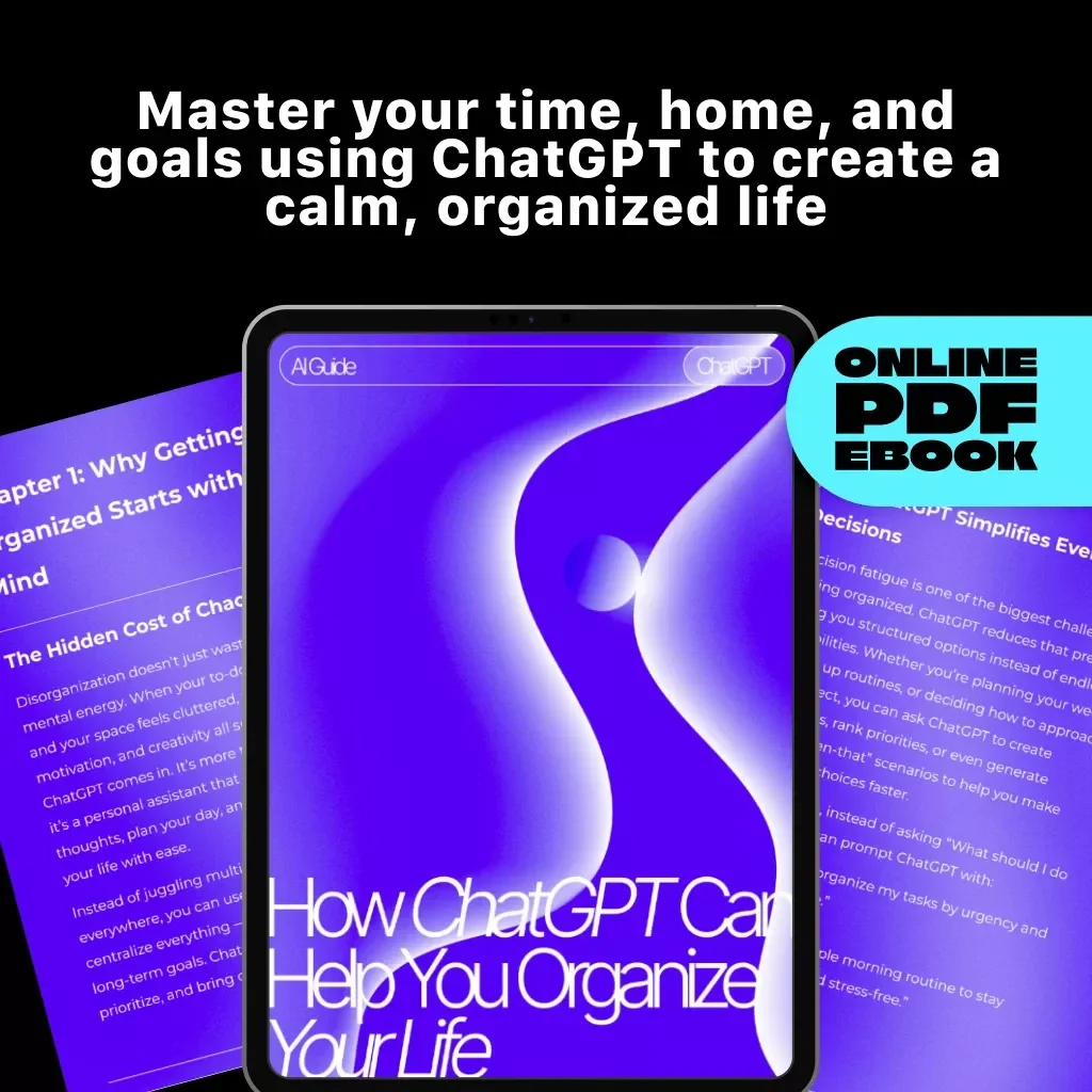 How ChatGPT Can Help You Organize Your Life | AI Productivity eBook | Digital Download Guide for Time Management, Focus & Simplicity | Learn how to use chatgpt to organize your life