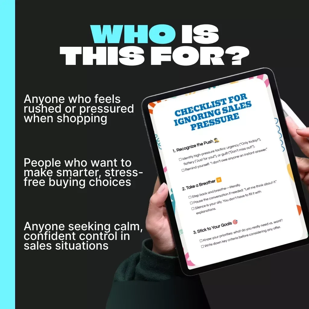 Checklist for Ignoring Sales Pressure | Digital Download Guide to Resist Manipulative Sales Tactics, Boost Confidence & Make Smarter Purchase Decisions | Printable eBook, Self-Help PDF for Mindful Buyers