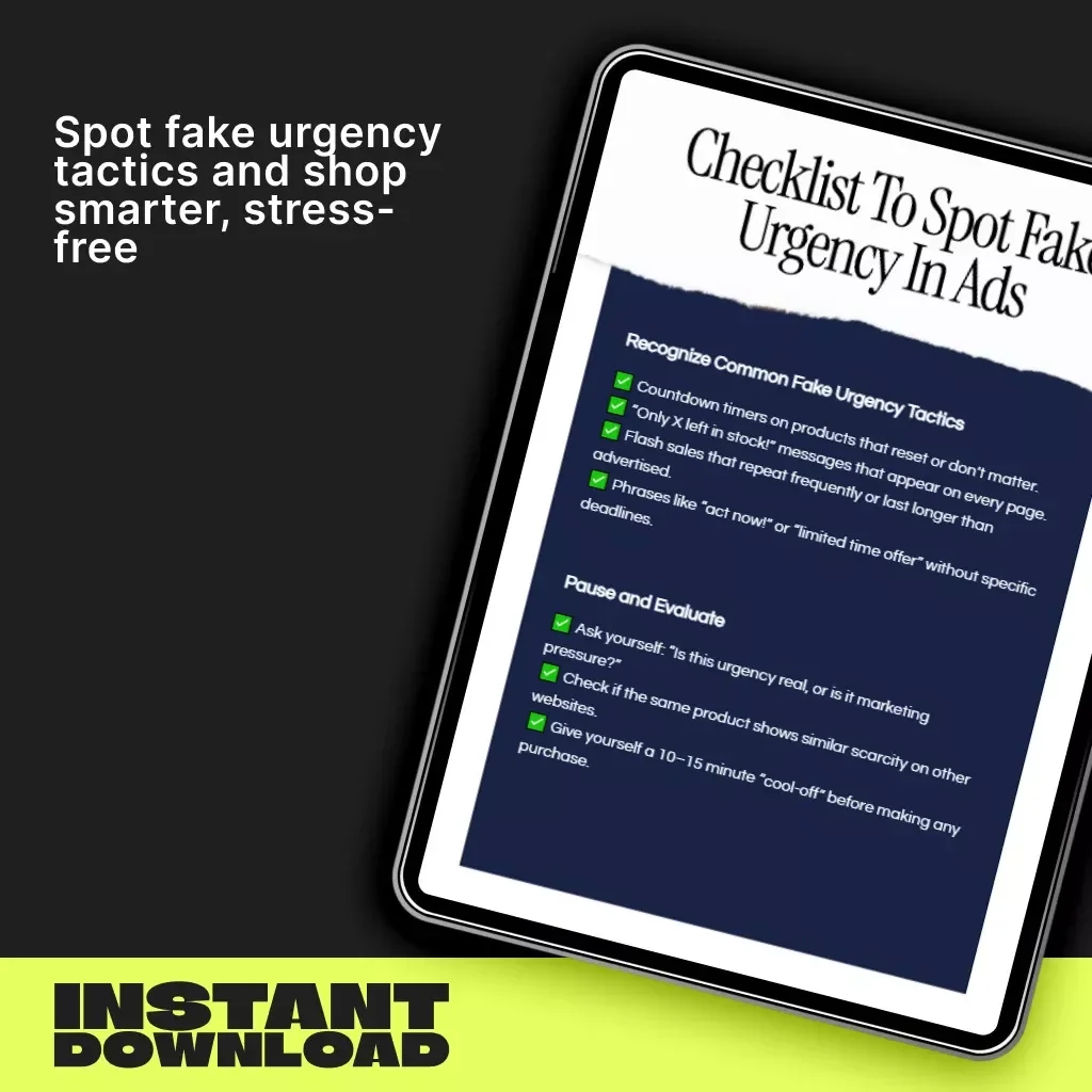 Checklist to Spot Fake Urgency in Ads | Printable Digital Download | How to Spot Fake Urgency in Ads | Smart Shopper eBook & Marketing Guide