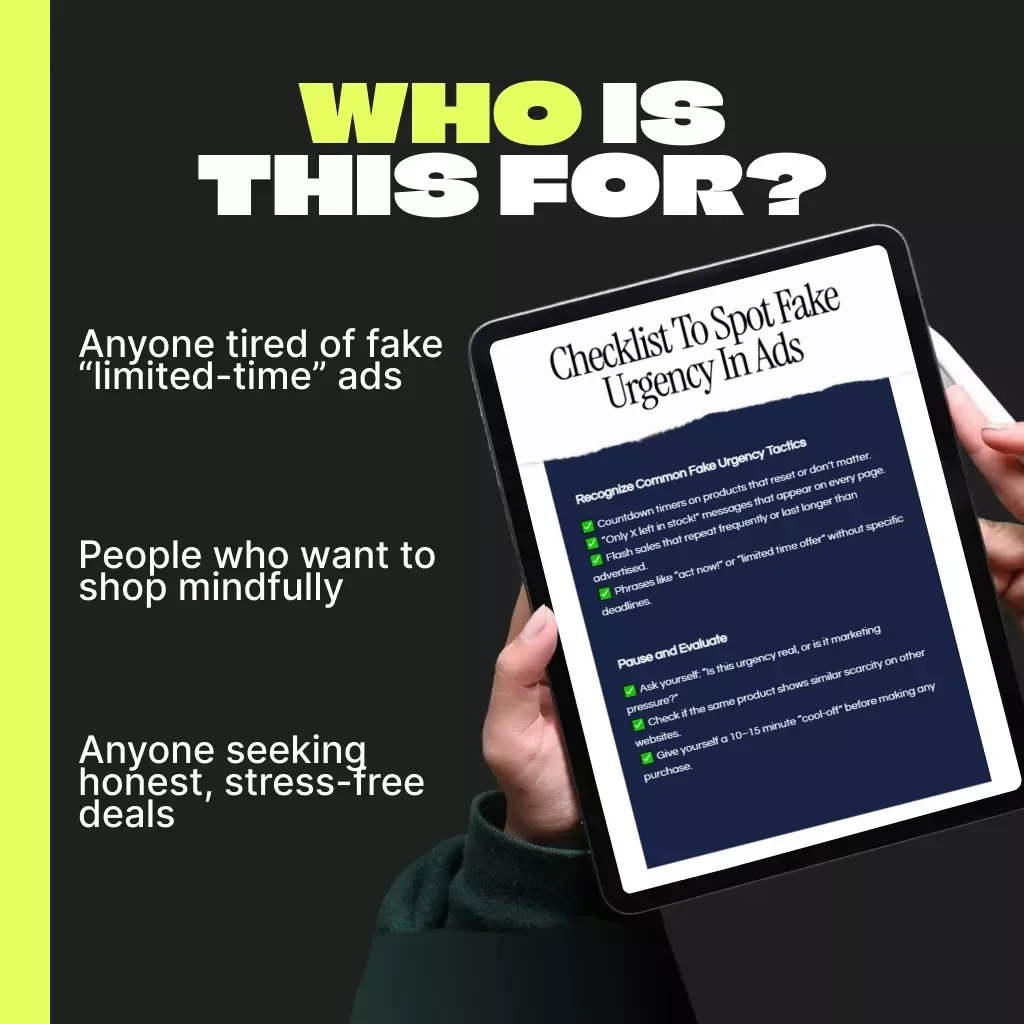 Checklist to Spot Fake Urgency in Ads | Printable Digital Download | How to Spot Fake Urgency in Ads | Smart Shopper eBook & Marketing Guide