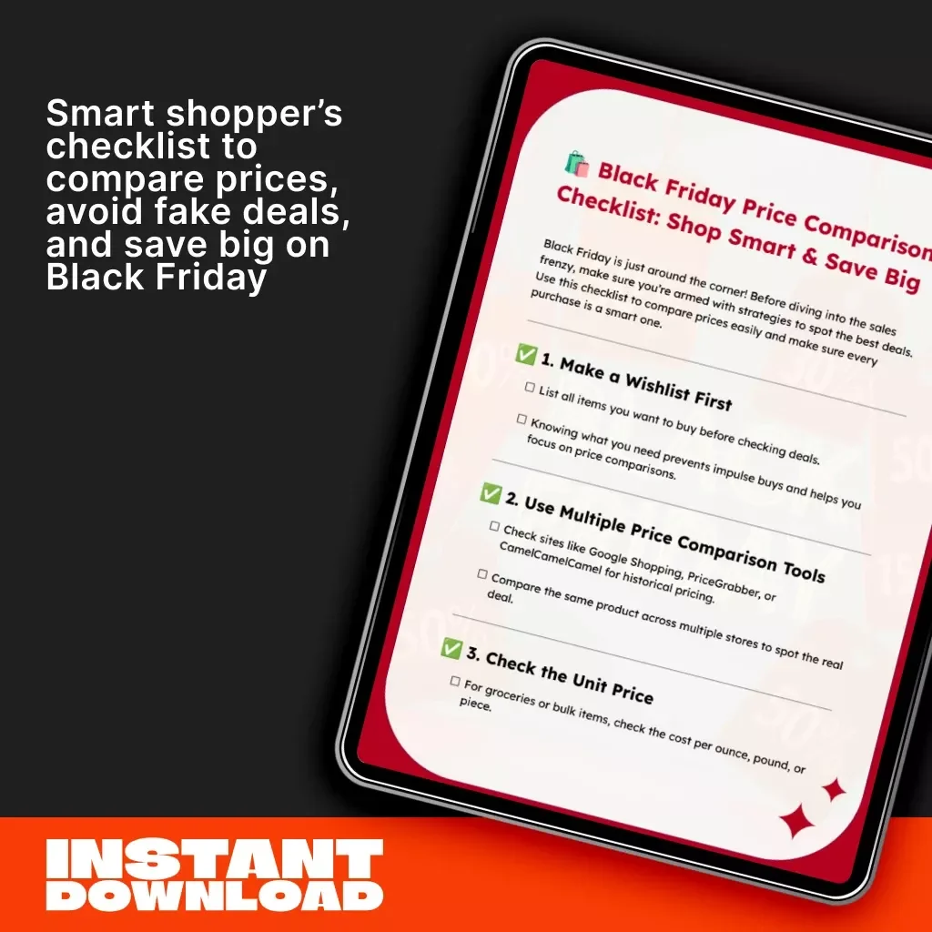 Black Friday Price Comparison Checklist: Shop Smart & Save Big | Printable Shopping Planner, Holiday Savings Guide, tips for comparing prices easily