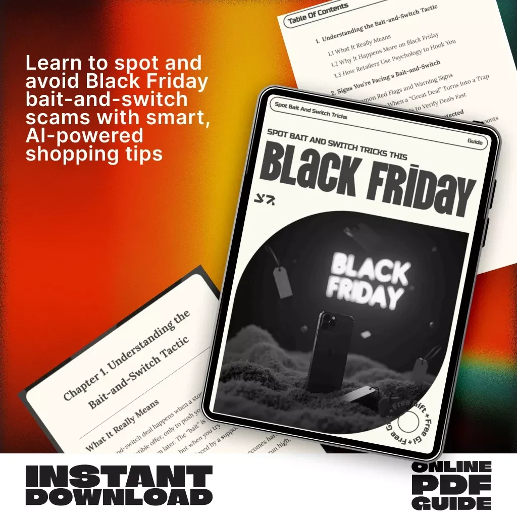 Spot Bait and Switch Tricks This Black Friday | Digital eBook & Smart Shopping Guide for Safe Online Deals | Learn to Detect Fake Discounts, Avoid Traps, and Shop Smarter with AI Prompts