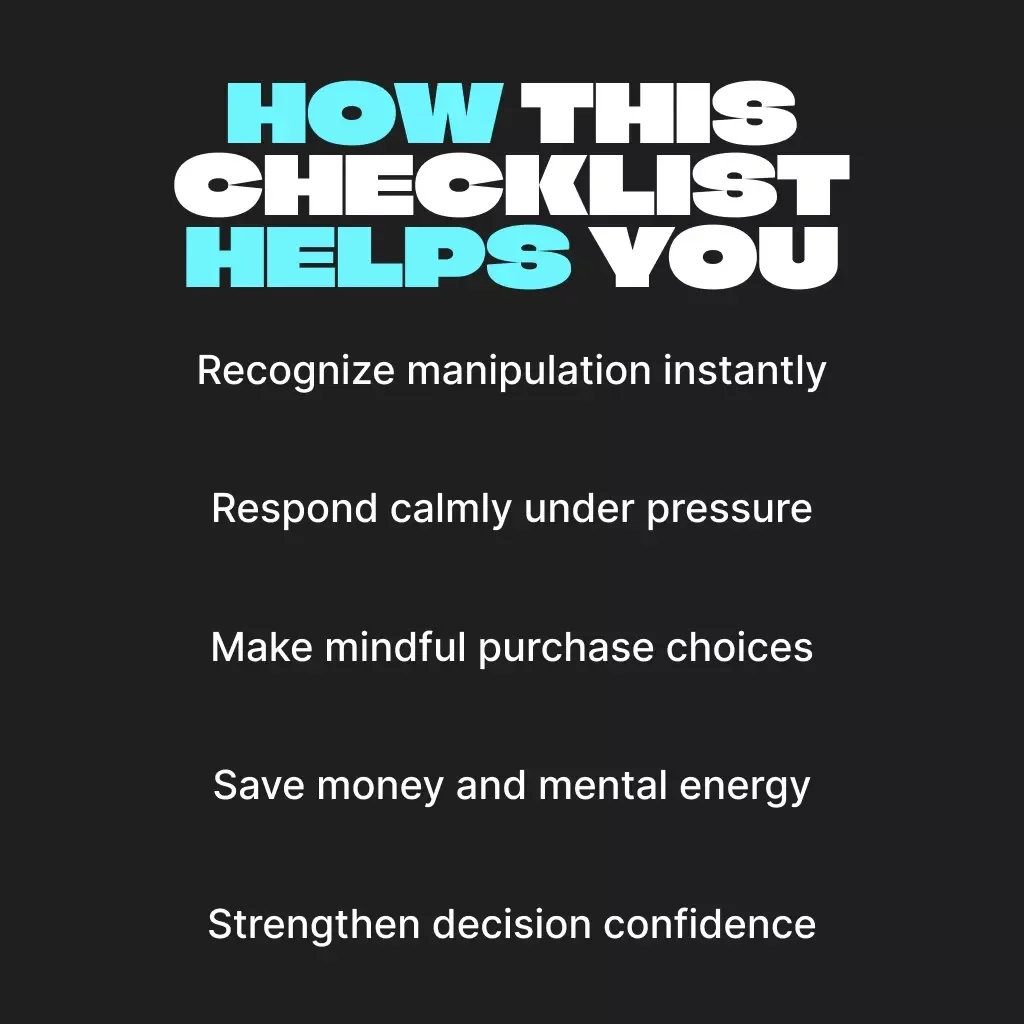 Checklist for Ignoring Sales Pressure | Digital Download Guide to Resist Manipulative Sales Tactics, Boost Confidence & Make Smarter Purchase Decisions | Printable eBook, Self-Help PDF for Mindful Buyers