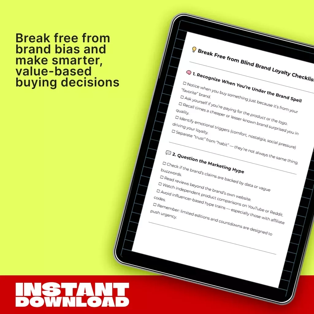 Break Free from Blind Brand Loyalty Checklist | Printable Self-Awareness Guide | Digital Download on How to Avoid Blindly Following Brand Loyalty | Mindful Shopping eBook for Smarter Consumer Choices