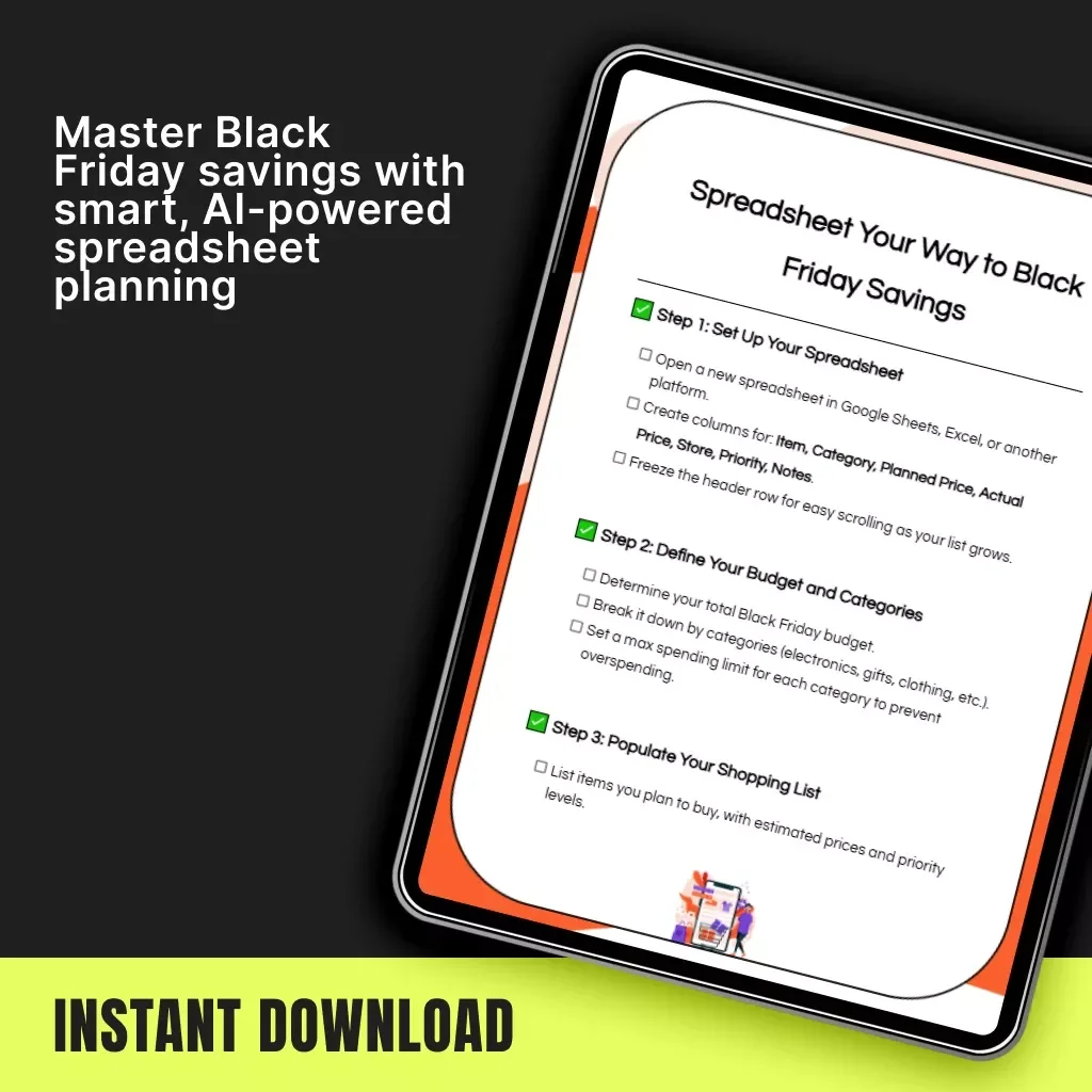 Spreadsheet Your Way to Black Friday Savings | Digital Black Friday Budget Checklist | How to Use Spreadsheets for Black Friday Shopping Budgets | Smart Money Tracker for Deals and Discounts