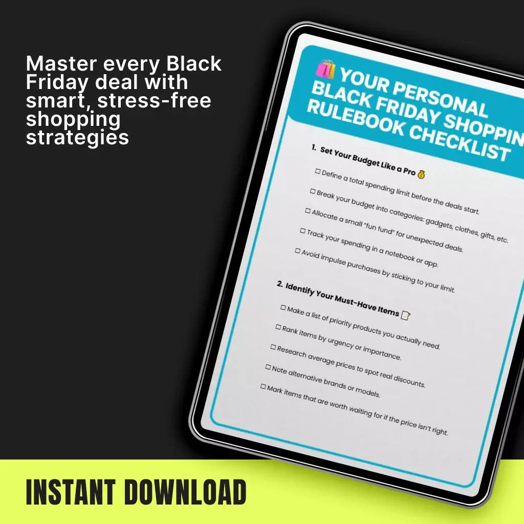 Your Personal Black Friday Shopping Rulebook Checklist | Digital Download Guide for Smart Shoppers | Learn how to design personal shopping rules for Black Friday | Printable Budget & Deal Strategy Planner
