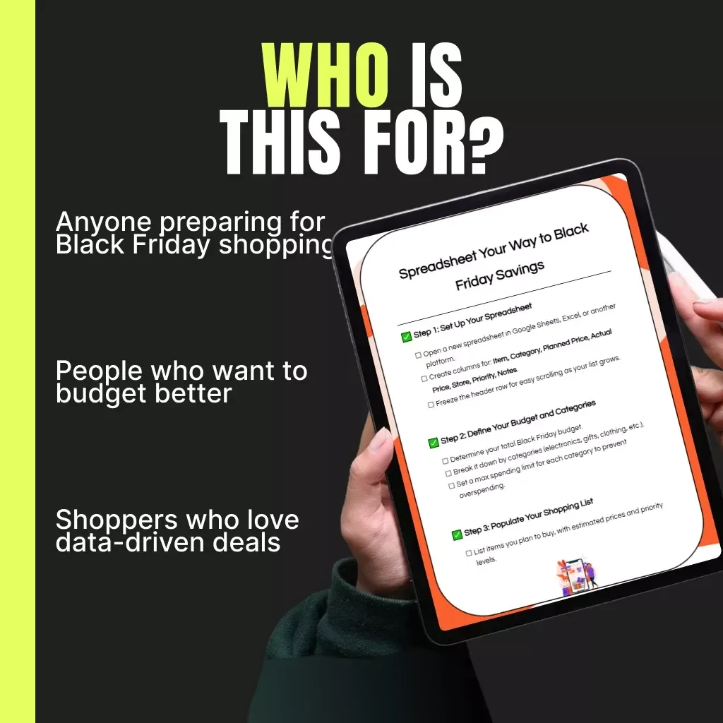 Spreadsheet Your Way to Black Friday Savings | Digital Black Friday Budget Checklist | How to Use Spreadsheets for Black Friday Shopping Budgets | Smart Money Tracker for Deals and Discounts