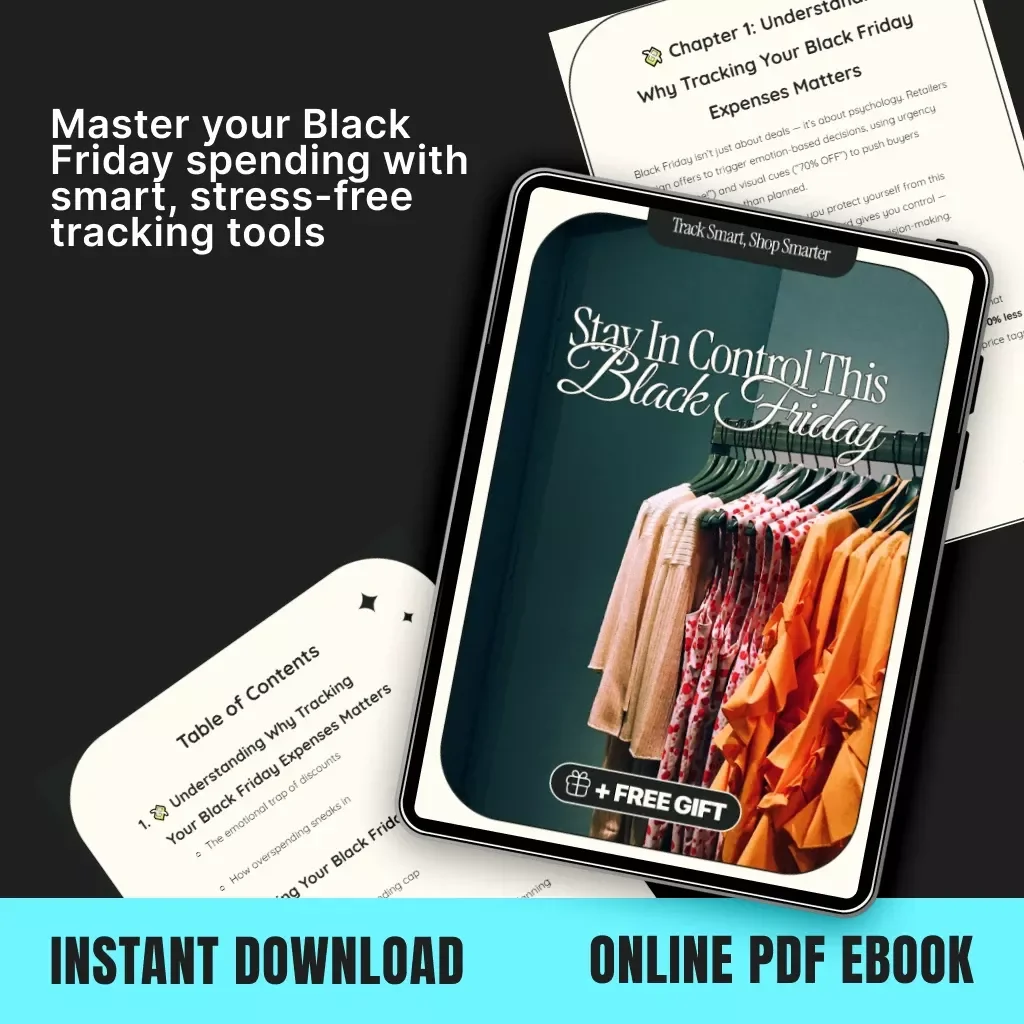 Track Smart, Shop Smarter: Stay in Control This Black Friday | Budgeting eBook for How to Track Black Friday Shopping Expenses | Digital Download Guide for Mindful Spending