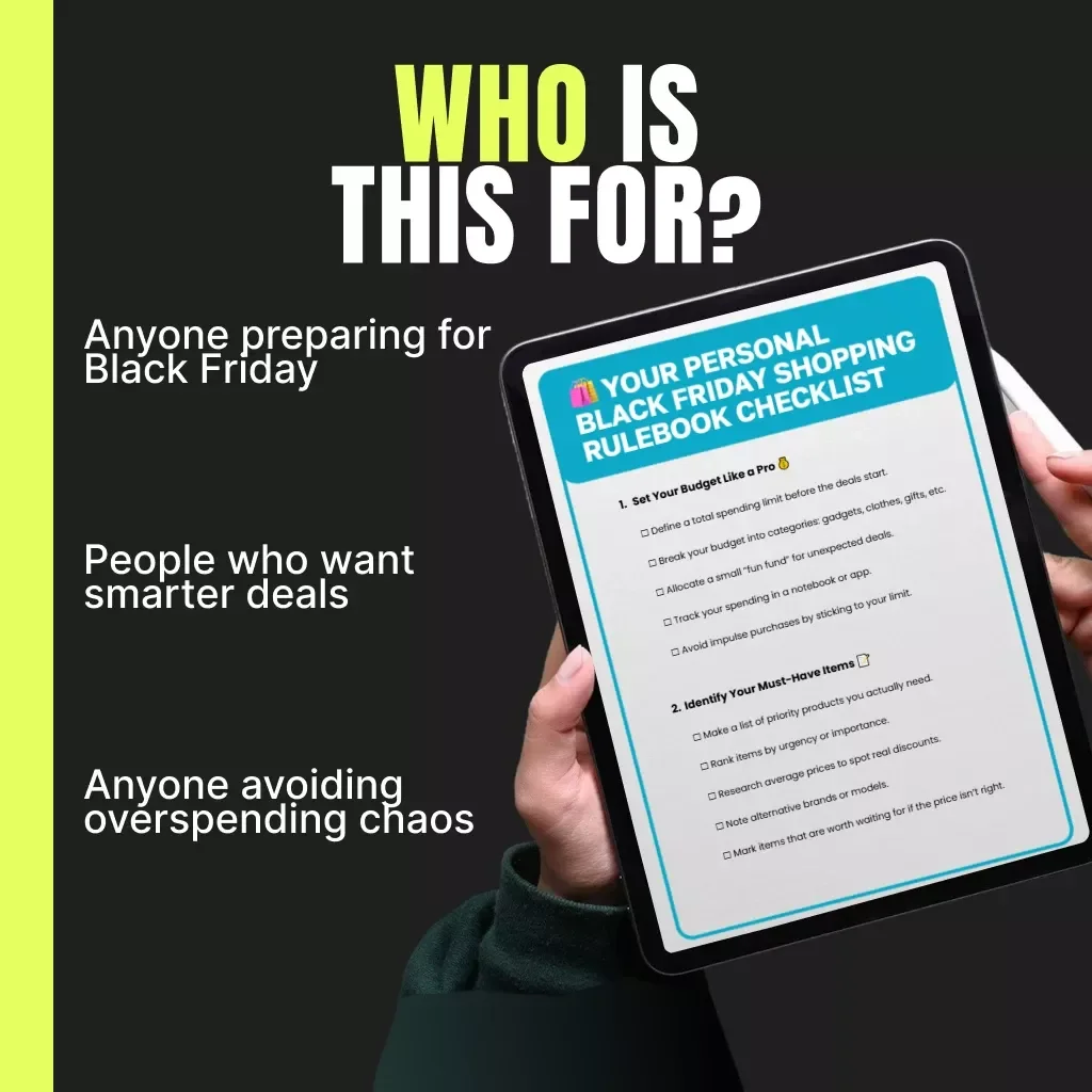 Your Personal Black Friday Shopping Rulebook Checklist | Digital Download Guide for Smart Shoppers | Learn how to design personal shopping rules for Black Friday | Printable Budget & Deal Strategy Planner