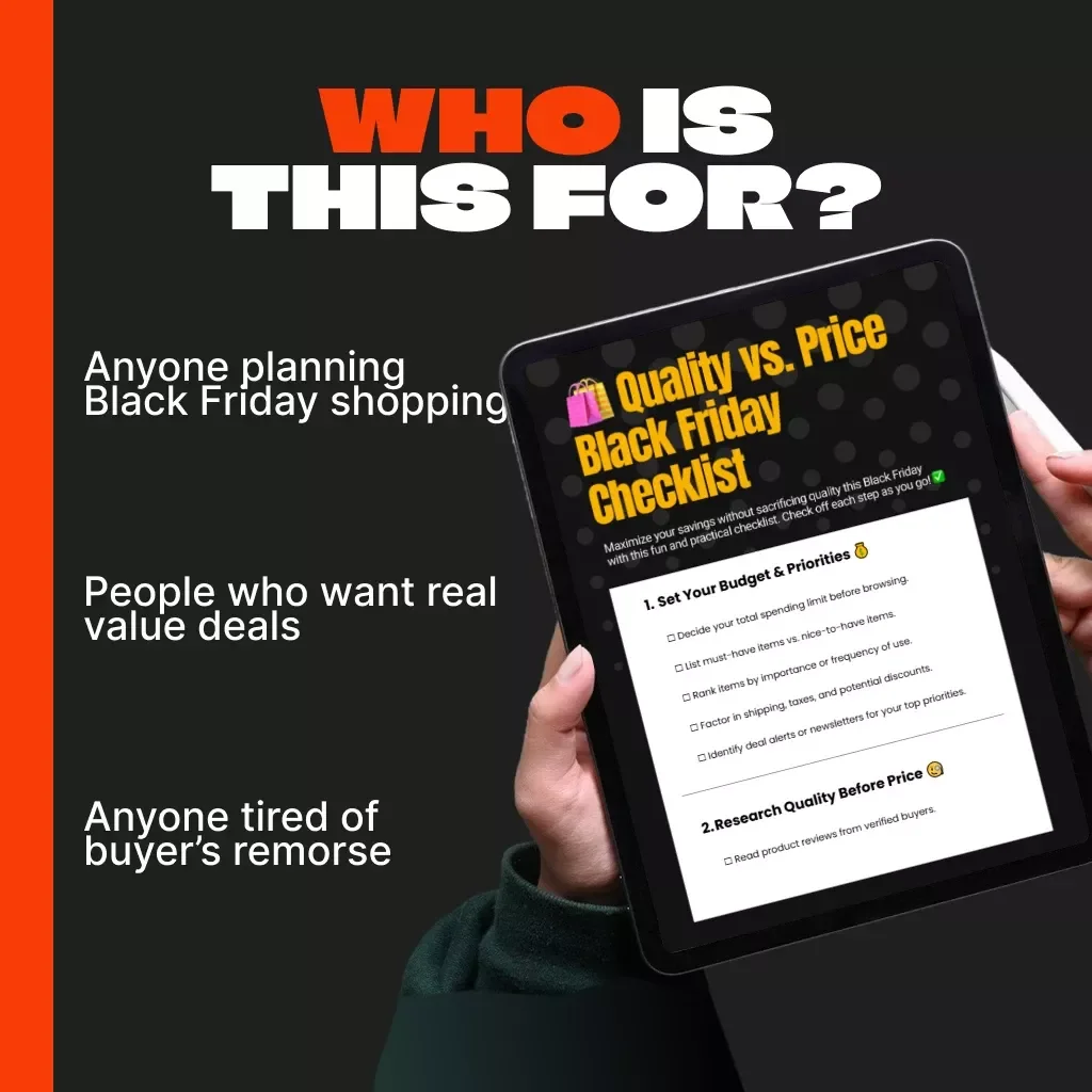 Quality vs. Price Black Friday Checklist | Digital Download Guide for Balancing Quality and Price on Black Friday | Smart Shopping Printable
