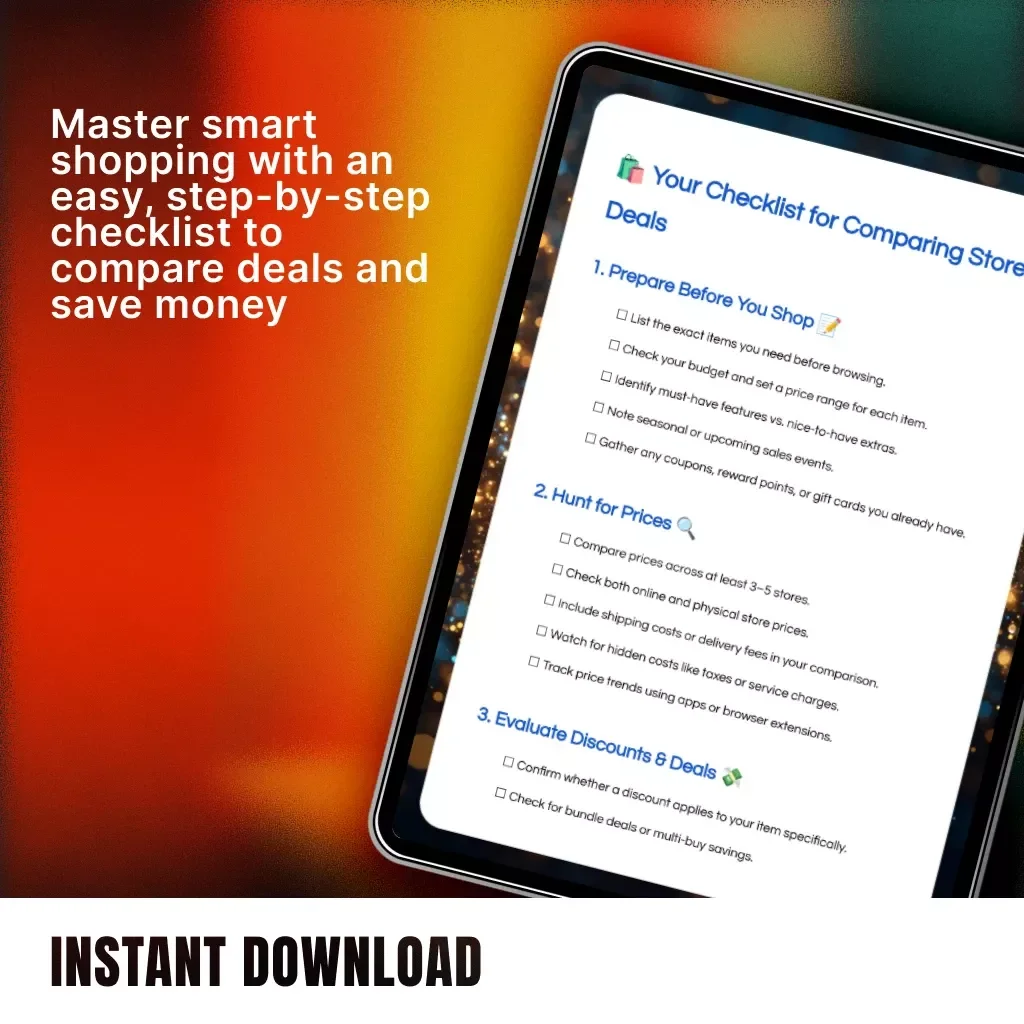 Your Checklist for Comparing Store Deals | Printable Shopping Planner | Digital Download eBook | Price Comparison Guide | Budgeting & Savings Checklist for Smart Shoppers