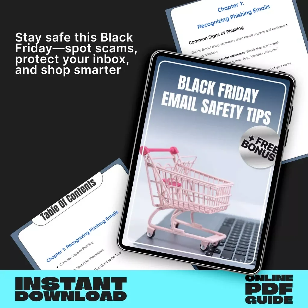 Black Friday Email Safety Tips Guide | How to Avoid Phishing Emails on Black Friday | Digital Download Cybersecurity eBook for Safe Online Shopping