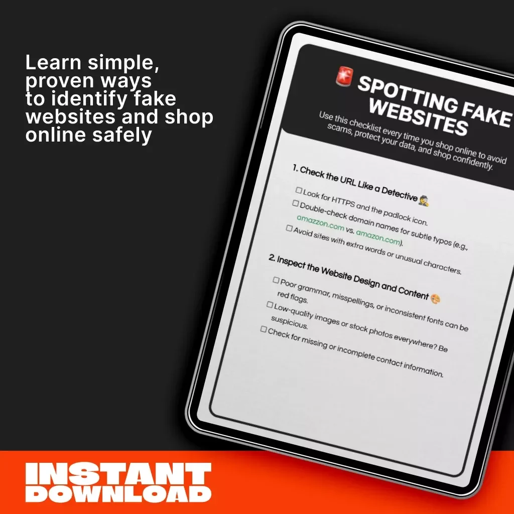 Spotting Fake Websites – Printable Digital Checklist | How to Recognize Fraudulent Websites | Online Safety & Scam Detection Guide for Secure Shopping
