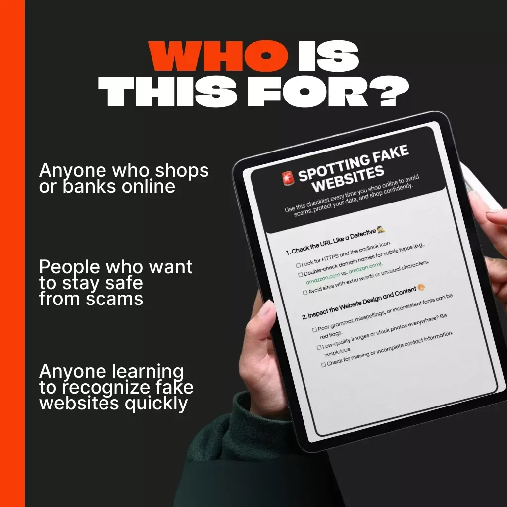 Spotting Fake Websites – Printable Digital Checklist | How to Recognize Fraudulent Websites | Online Safety & Scam Detection Guide for Secure Shopping