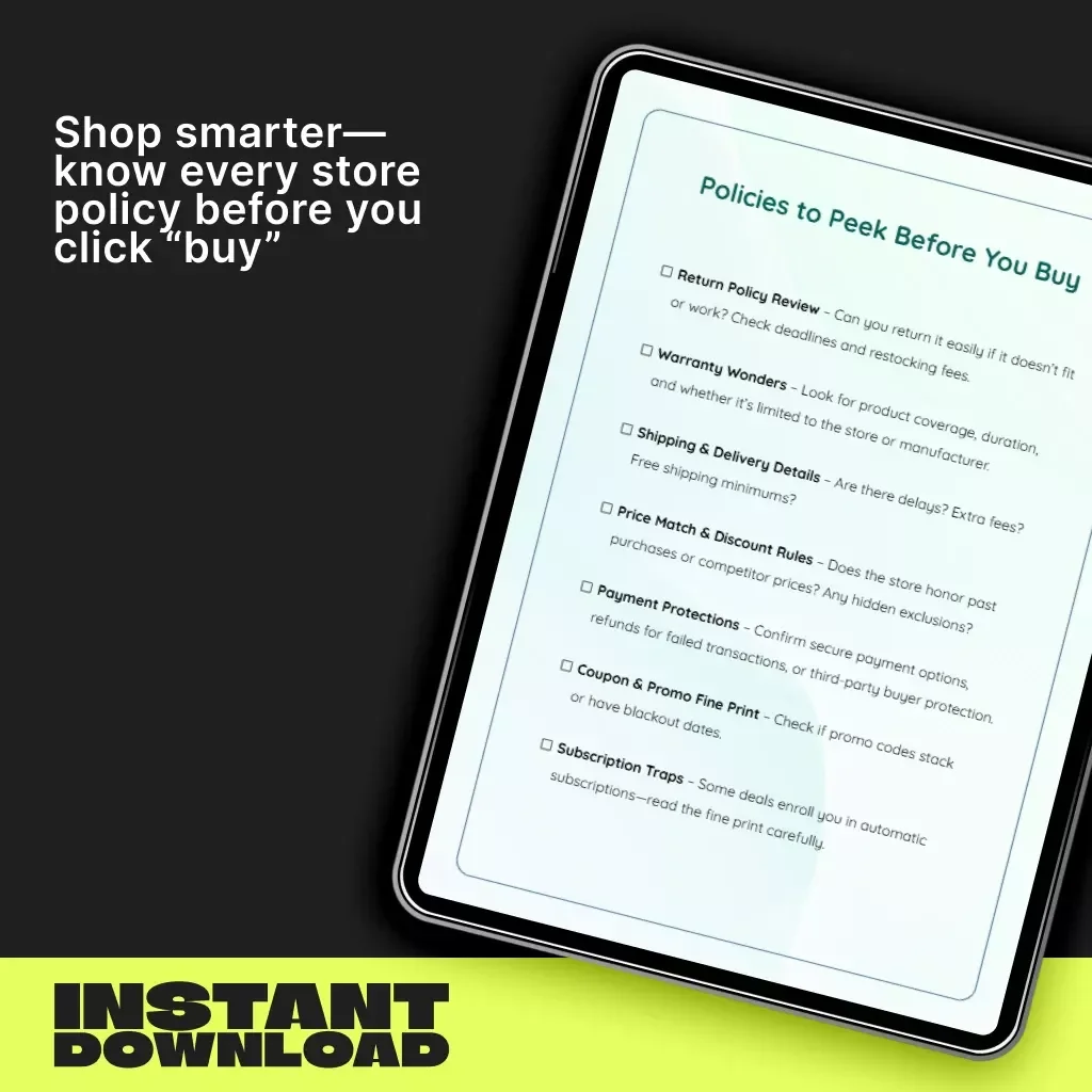 Policies to Peek Before You Buy | Printable Shopping Checklist | Digital Download | what policies to check before buying Guide