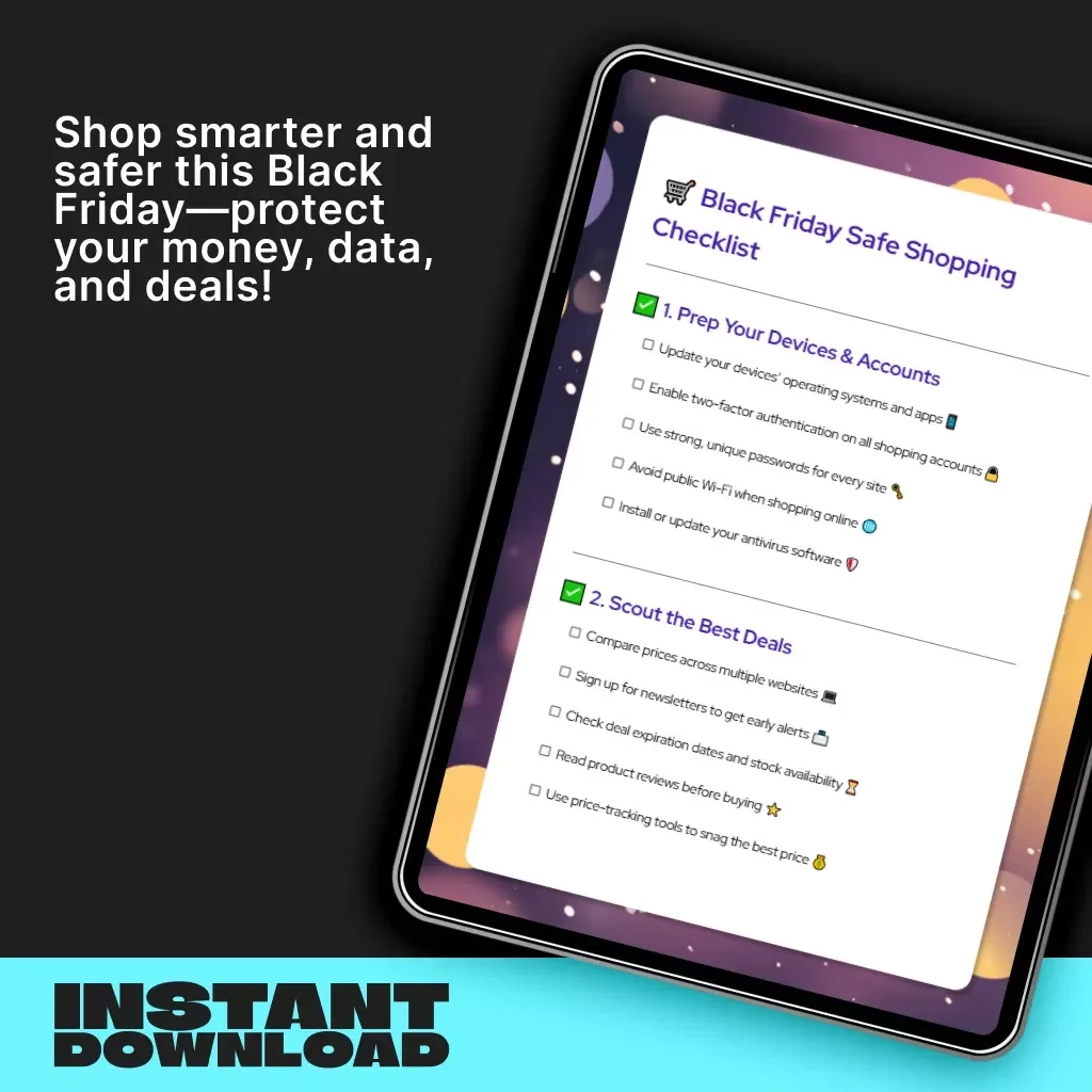 Black Friday Safe Shopping Checklist | Digital Download Guide for Smart & Secure Online Shopping | Tips for Safe Online Shopping Black Friday | Printable Cyber Security eBook for Shoppers