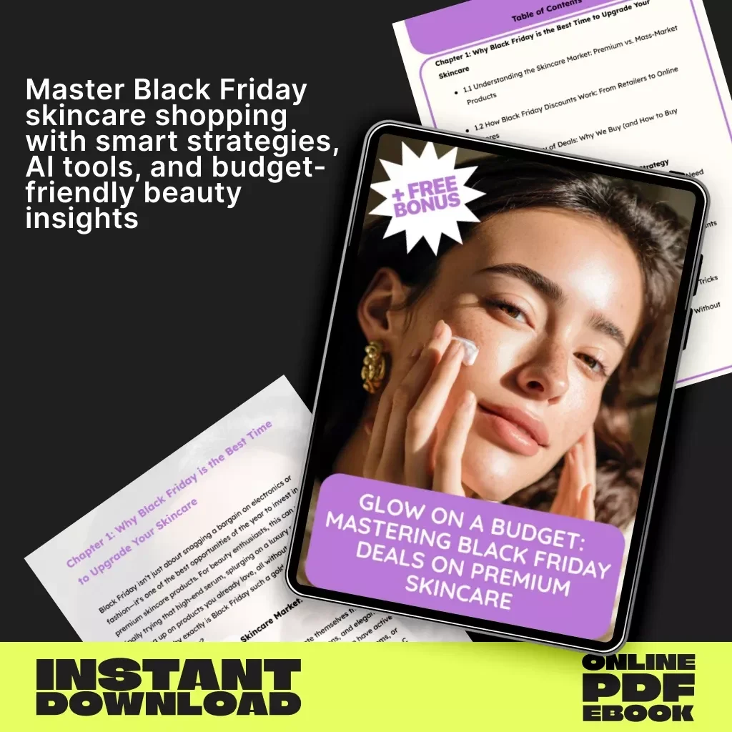 Glow on a Budget: Mastering Black Friday Deals on Premium Skincare | Ultimate Skincare Savings eBook, Digital Download, Skincare Shopping Guide for Smart Shoppers, AI Skincare Budgeting Tips