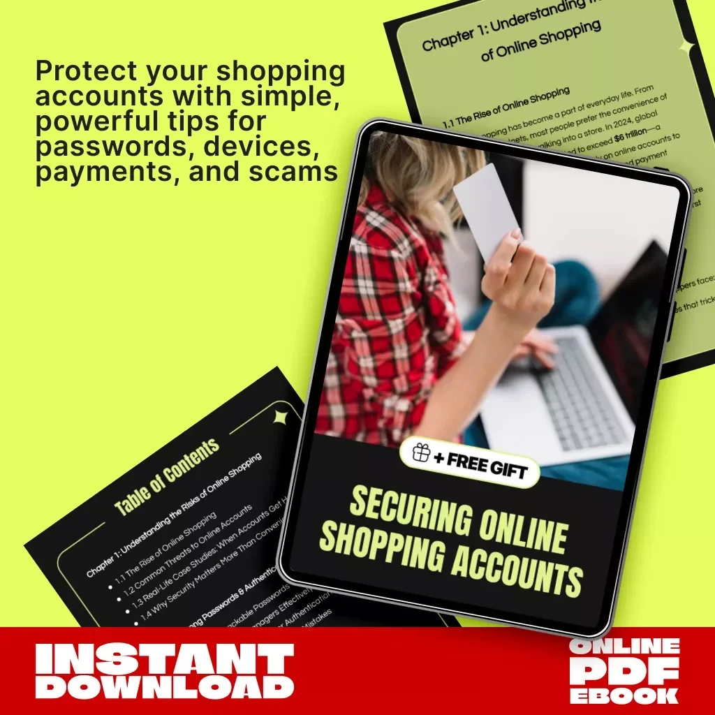 Securing Online Shopping Accounts | Digital Ebook Guide on How to Secure Your Online Shopping Accounts | Cyber Safety Tips, Password Protection & Scam Prevention for Safe Online Shopping