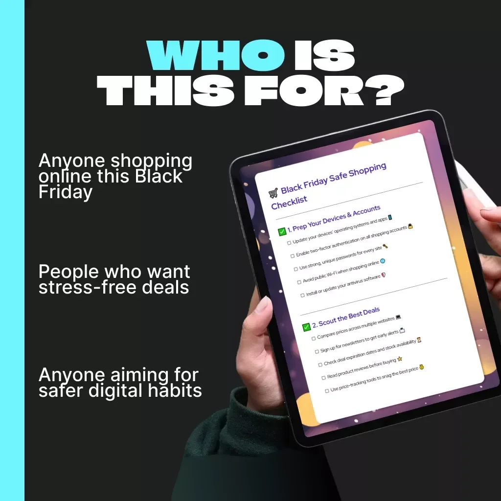 Black Friday Safe Shopping Checklist | Digital Download Guide for Smart & Secure Online Shopping | Tips for Safe Online Shopping Black Friday | Printable Cyber Security eBook for Shoppers