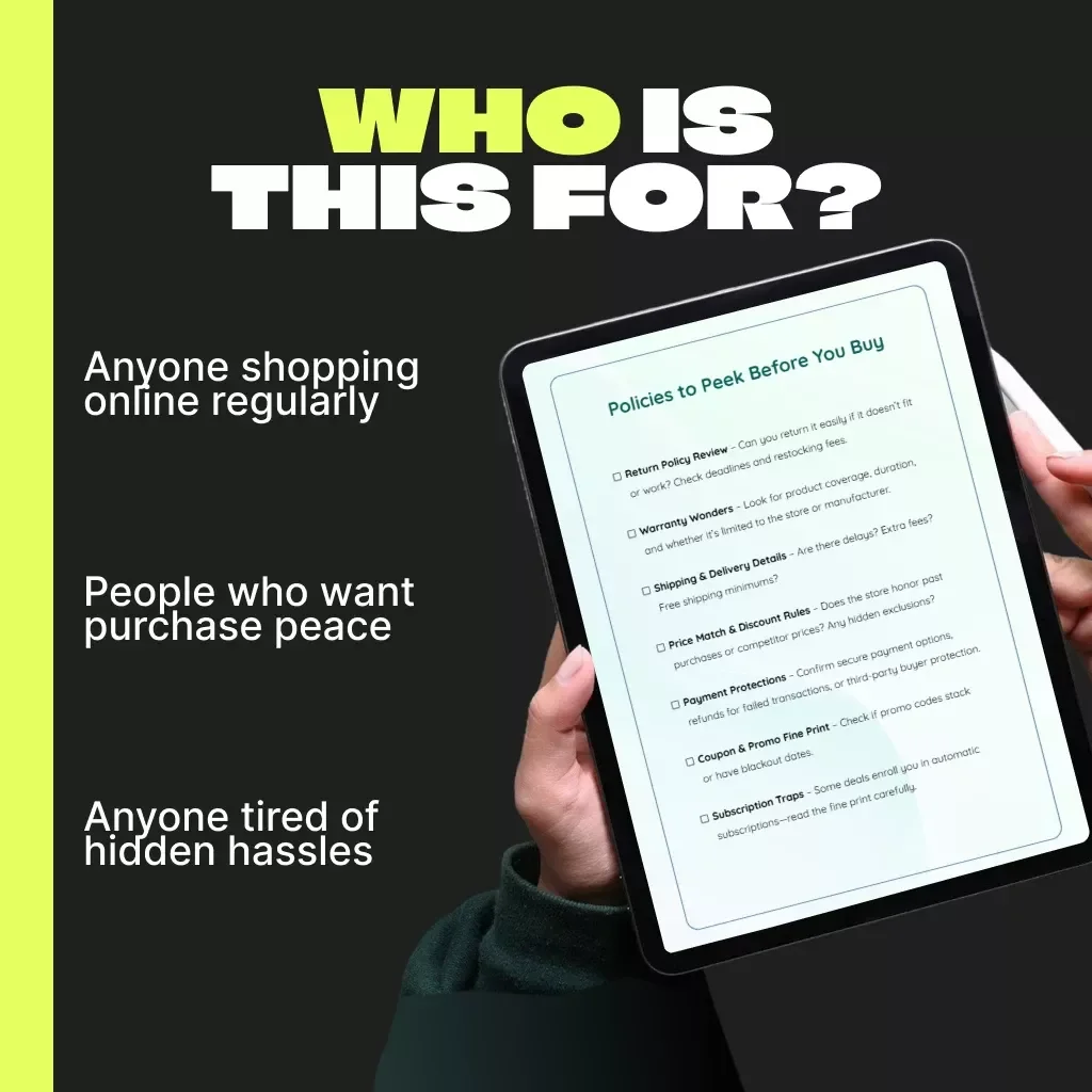 Policies to Peek Before You Buy | Printable Shopping Checklist | Digital Download | what policies to check before buying Guide