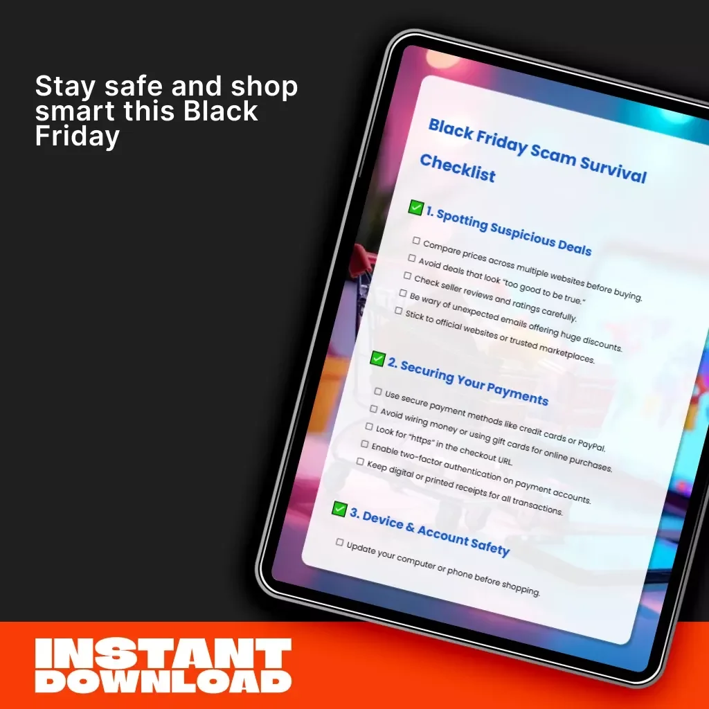 Black Friday Scam Survival Checklist | Digital Download Guide on How to Avoid Black Friday Scams | Online Shopping Safety, Secure Payments & Phishing Protection